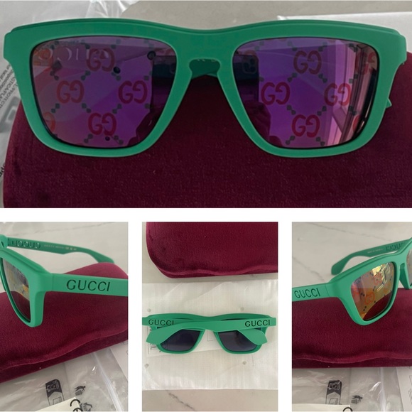 GUCCI MATT GREEN “GG”LOGO MIRRORED LIGHTWEIGHT SUNGLASSES - Picture 8 of 16